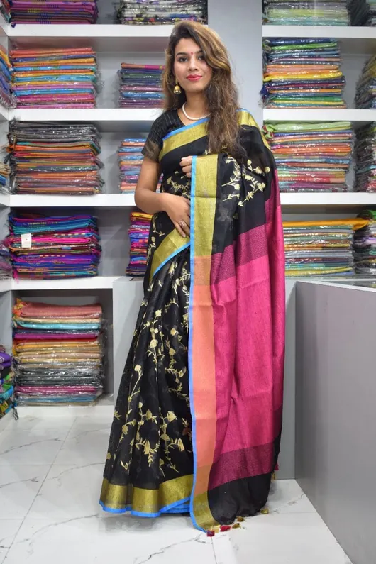Pure Cotton Linen Saree with Pink and Black Floral Print, Tasselled Pallu